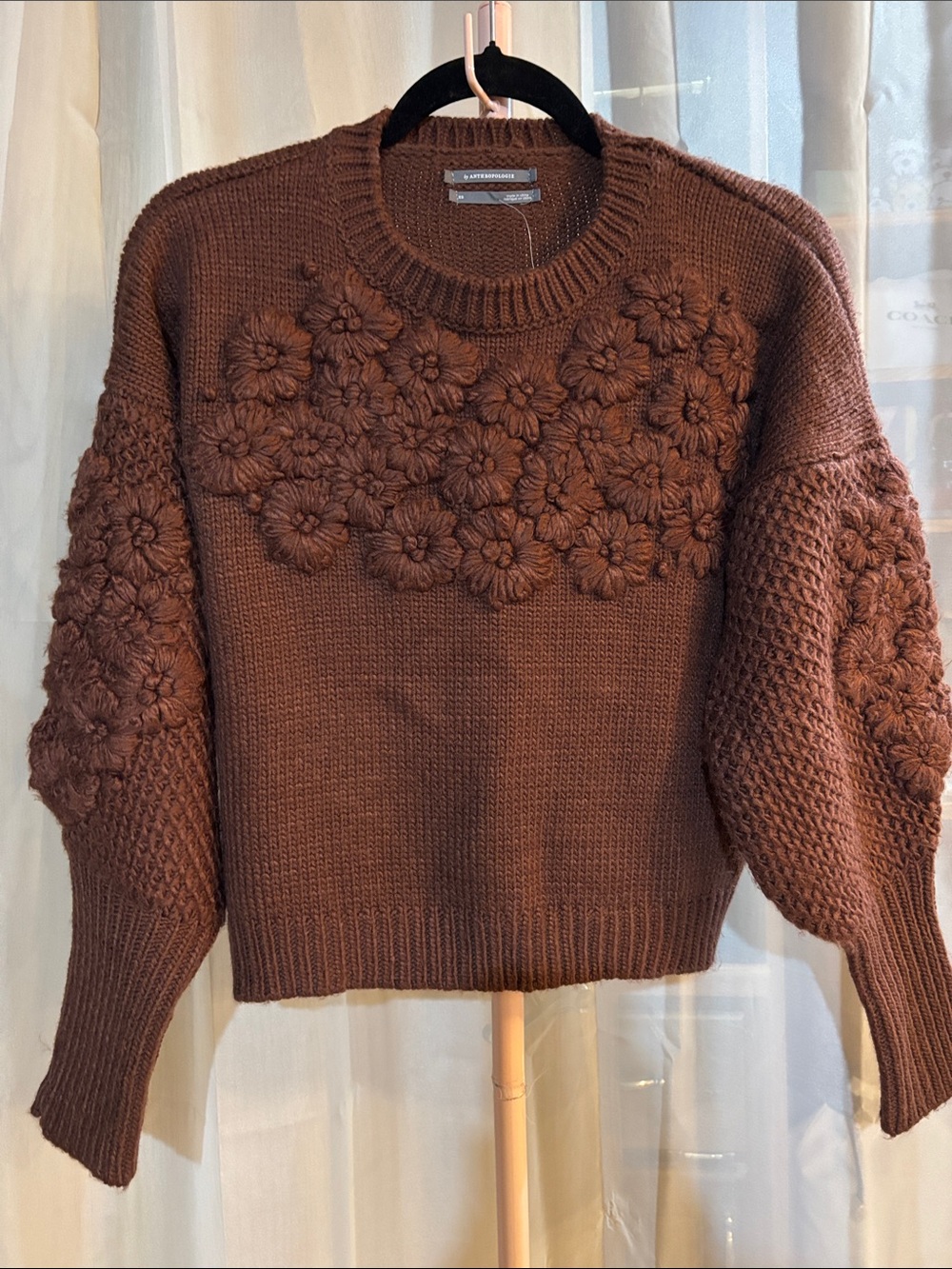 Anthropologie Isadora Puff-Sleeve Crochet Floral Knit Oversized Sweater - Brown